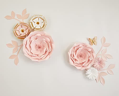 Mverse Handmade Paper Flowers Set with Leaves and Butterflies, 14 Pc. Kit, Elegant Wall Decorations for Nursery, Wedding, and Baby Shower Decor, Pink and White Floral Pastel Colors.