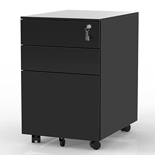 BEESTMUEBLE 3 Drawer Mobile File Cabinet with Lock Under Desk, Rolling Mobile Filing Cabinet, Metal Filing Cabinet fits Letter/Legal/A4 Size, Hanging File Folders, for Home Office, Black.