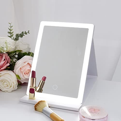 Notmise Makeup Mirror with Led Lights Foldable Vanity Mirror for Travel Tabletop Desk, Portable USB Rechargeable, 3 Color Lighting, Dimmable Touch Screen, White.