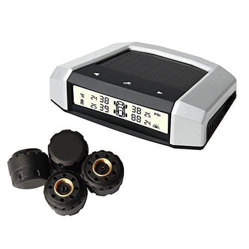 Vesafe Universal Solar TPMS, Wireless Tire Pressure Monitoring System with 4 DIY External Cap Sensors(0-6Bar/0-87Psi), Real-time Display 4 Tires' Pressure and Temperautre. (Gray Display).
