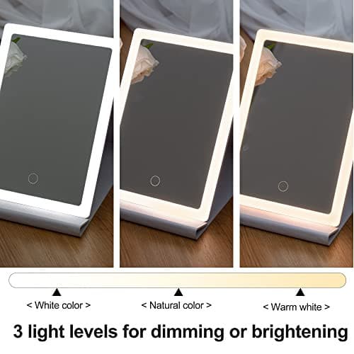 Notmise Makeup Mirror with Led Lights Foldable Vanity Mirror for Travel Tabletop Desk, Portable USB Rechargeable, 3 Color Lighting, Dimmable Touch Screen, White.