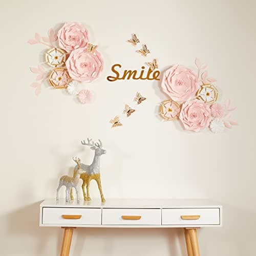 Mverse Handmade Paper Flowers Set with Leaves and Butterflies, 14 Pc. Kit, Elegant Wall Decorations for Nursery, Wedding, and Baby Shower Decor, Pink and White Floral Pastel Colors.