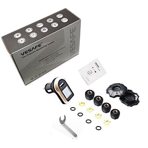 VESAFE Wireless Tire Pressure Monitoring System, Universal TPMS with Real-Time LCD Display, 5 Alarm Modes, 4 Advanced Waterproof Sensors, 2-Year Battery Life, Cigarette Lighter Plug, 0-6Bar/ 0-87PSI.