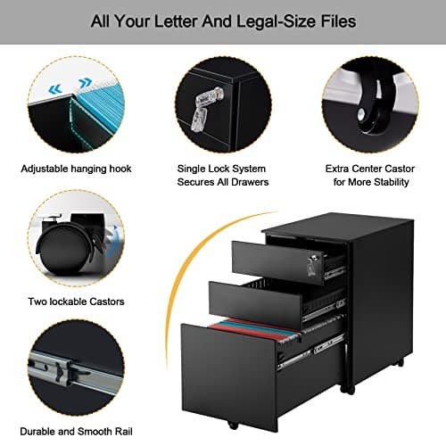 BEESTMUEBLE 3 Drawer Mobile File Cabinet with Lock Under Desk, Rolling Mobile Filing Cabinet, Metal Filing Cabinet fits Letter/Legal/A4 Size, Hanging File Folders, for Home Office, Black.