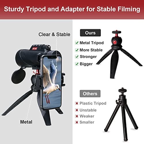 80x100 Monocular Telescope for Smartphone - High Powered High Definition Monoculars for Adults with Tripod & Phone Adapter, Low Light Night Vision, Clear View for Wildlife Bird Watching Hunting Hiking.