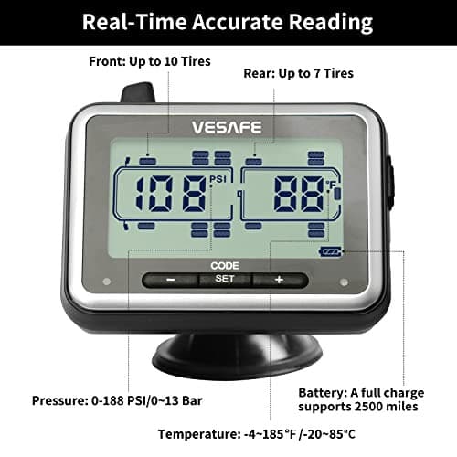 VESAFE TPMS, Wireless Tire Pressure Monitoring System for RV, Trailer, Coach, Motor Home, Fifth Wheel, with 10 Anti-Theft sensors.