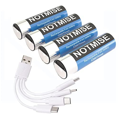 Notmise Rechargeable AA Battery, Lithium Ion 1.5V 2500mWh,1 Hour Fast Charge, 4-in-1 USB Type C Charging Cable, Over 1200 Cycles, Pack of 4.