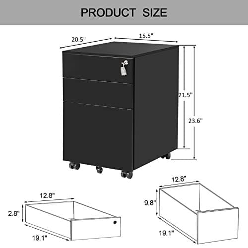 BEESTMUEBLE 3 Drawer Mobile File Cabinet with Lock Under Desk, Rolling Mobile Filing Cabinet, Metal Filing Cabinet fits Letter/Legal/A4 Size, Hanging File Folders, for Home Office, Black.