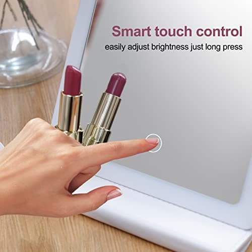 Notmise Makeup Mirror with Led Lights Foldable Vanity Mirror for Travel Tabletop Desk, Portable USB Rechargeable, 3 Color Lighting, Dimmable Touch Screen, White.