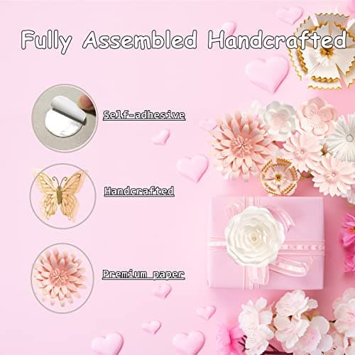Mverse Handmade Paper Flowers Set with Leaves and Butterflies, 14 Pc. Kit, Elegant Wall Decorations for Nursery, Wedding, and Baby Shower Decor, Pink and White Floral Pastel Colors.