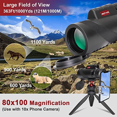 80x100 Monocular Telescope for Smartphone - High Powered High Definition Monoculars for Adults with Tripod & Phone Adapter, Low Light Night Vision, Clear View for Wildlife Bird Watching Hunting Hiking.
