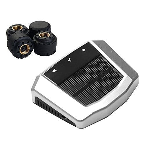Vesafe Universal Solar TPMS, Wireless Tire Pressure Monitoring System with 4 DIY External Cap Sensors(0-6Bar/0-87Psi), Real-time Display 4 Tires' Pressure and Temperautre. (Gray Display).
