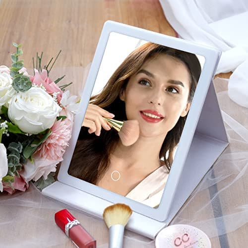 Notmise Makeup Mirror with Led Lights Foldable Vanity Mirror for Travel Tabletop Desk, Portable USB Rechargeable, 3 Color Lighting, Dimmable Touch Screen, White.