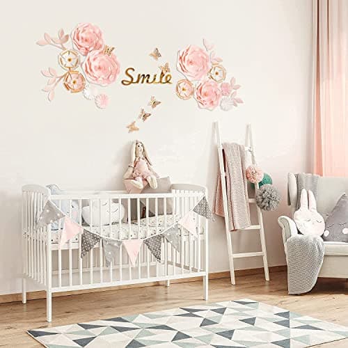 Mverse Handmade Paper Flowers Set with Leaves and Butterflies, 14 Pc. Kit, Elegant Wall Decorations for Nursery, Wedding, and Baby Shower Decor, Pink and White Floral Pastel Colors.