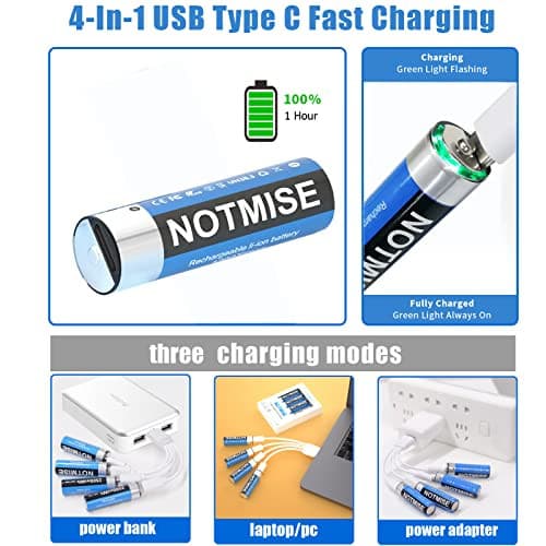 Notmise Rechargeable AA Battery, Lithium Ion 1.5V 2500mWh,1 Hour Fast Charge, 4-in-1 USB Type C Charging Cable, Over 1200 Cycles, Pack of 4.