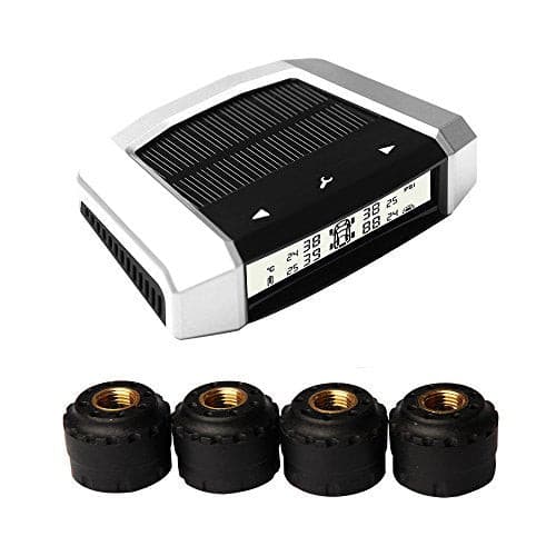 Vesafe Universal Solar TPMS, Wireless Tire Pressure Monitoring System with 4 DIY External Cap Sensors(0-6Bar/0-87Psi), Real-time Display 4 Tires' Pressure and Temperautre. (Gray Display).