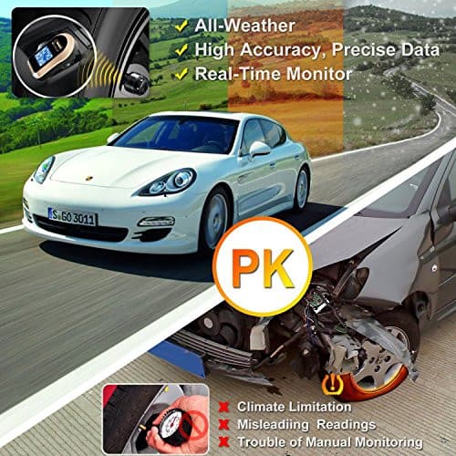 VESAFE Wireless Tire Pressure Monitoring System, Universal TPMS with Real-Time LCD Display, 5 Alarm Modes, 4 Advanced Waterproof Sensors, 2-Year Battery Life, Cigarette Lighter Plug, 0-6Bar/ 0-87PSI.
