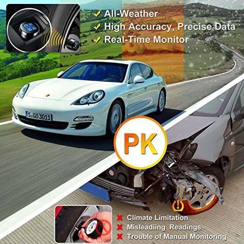 VESAFE Wireless Tire Pressure Monitoring System (TPMS) for Small Size 4-tire Vehicles, Including 4 External Cap sensors (0-87PSI).