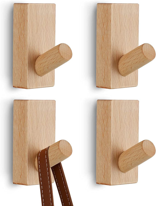 Wood Wall Hooks for Hanging - 4 Pack Coat Hooks Wall Mounted |Towel Hooks for Bathroom |Natural Handmade Hat Hooks Heavy Duty Wall (Beech Wood).
