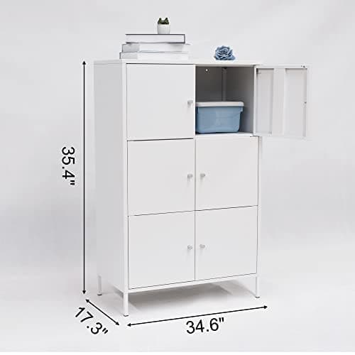 BEESTMUEBLE Metal Storage Cabinet, 3-Tier Floor Freestanding Cabinet with 6 Doors, Multipurpose Storage Organiser for Office and Home, 25.6”W×41.3”H×14.2”D, Large, White.