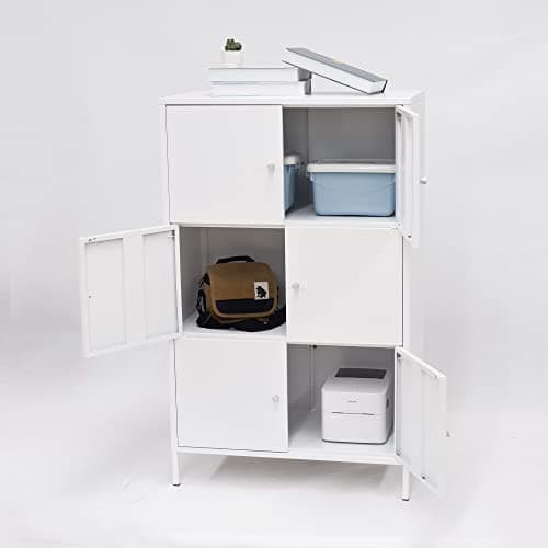 BEESTMUEBLE Metal Storage Cabinet, 3-Tier Floor Freestanding Cabinet with 6 Doors, Multipurpose Storage Organiser for Office and Home, 25.6”W×41.3”H×14.2”D, Large, White.