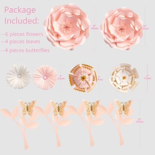 Mverse Handmade Paper Flowers Set with Leaves and Butterflies, 14 Pc. Kit, Elegant Wall Decorations for Nursery, Wedding, and Baby Shower Decor, Pink and White Floral Pastel Colors.