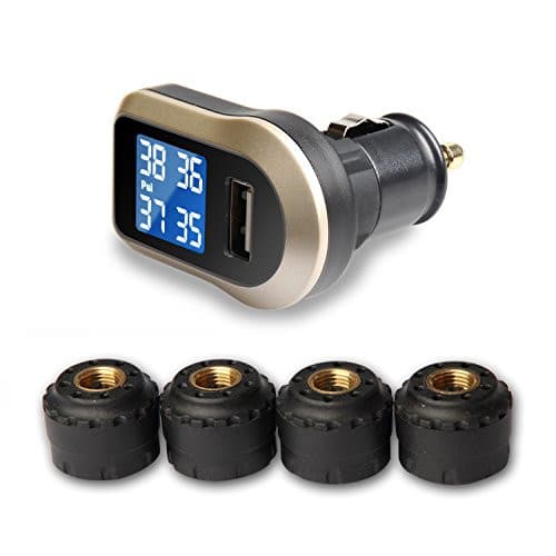 VESAFE Wireless Tire Pressure Monitoring System, Universal TPMS with Real-Time LCD Display, 5 Alarm Modes, 4 Advanced Waterproof Sensors, 2-Year Battery Life, Cigarette Lighter Plug, 0-6Bar/ 0-87PSI.