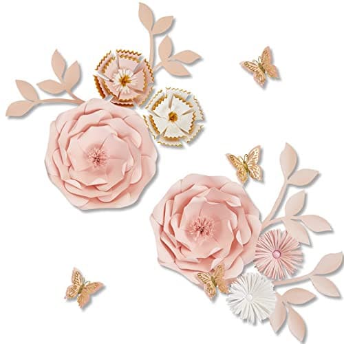 Mverse Handmade Paper Flowers Set with Leaves and Butterflies, 14 Pc. Kit, Elegant Wall Decorations for Nursery, Wedding, and Baby Shower Decor, Pink and White Floral Pastel Colors.