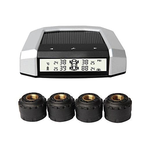 Vesafe Universal Solar TPMS, Wireless Tire Pressure Monitoring System with 4 DIY External Cap Sensors(0-6Bar/0-87Psi), Real-time Display 4 Tires' Pressure and Temperautre. (Gray Display).