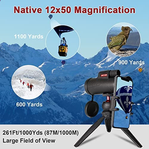 12x50 Monocular Telescope for Smartphone - High Powered Monoculars for Adults with Tripod & Phone Adapter High Definition Low Night Vision BAK4 Prism FMC Optical Lens for Bird Watching Hunting Hiking.