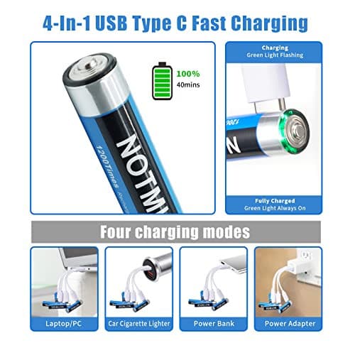USB AAA Rechargeable Battery Pack – 4X Fast Charging Lithium Battery Triple AAA Batteries USB Type C Charging Cable Replacement Battery 1.5v Lithium Ion AAA Batteries USB 4 Cable 1200+ Cycles Notmise.