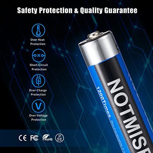 Notmise Rechargeable AA Battery, Lithium Ion 1.5V 2500mWh,1 Hour Fast Charge, 4-in-1 USB Type C Charging Cable, Over 1200 Cycles, Pack of 4.