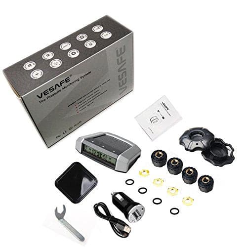 Vesafe Universal Solar TPMS, Wireless Tire Pressure Monitoring System with 4 DIY External Cap Sensors(0-6Bar/0-87Psi), Real-time Display 4 Tires' Pressure and Temperautre. (Gray Display).
