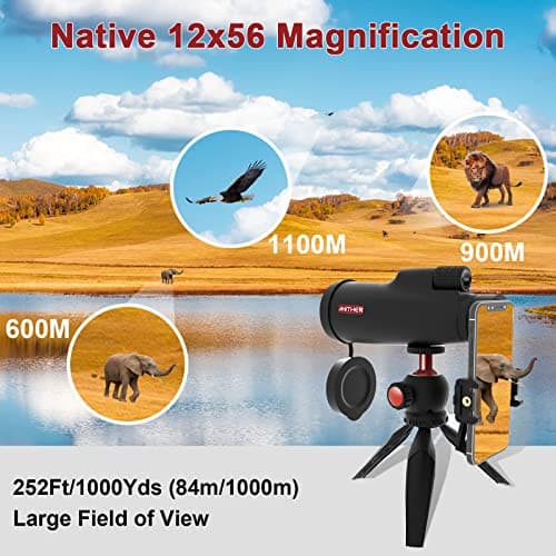 12x56 Monocular Telescope for Smartphone - Professional High Definition Monocular for Adults with Tripod & Phone Adapter, Low Light Night Vision, Clear View for Hiking Hunting Wildlife Bird Watching.