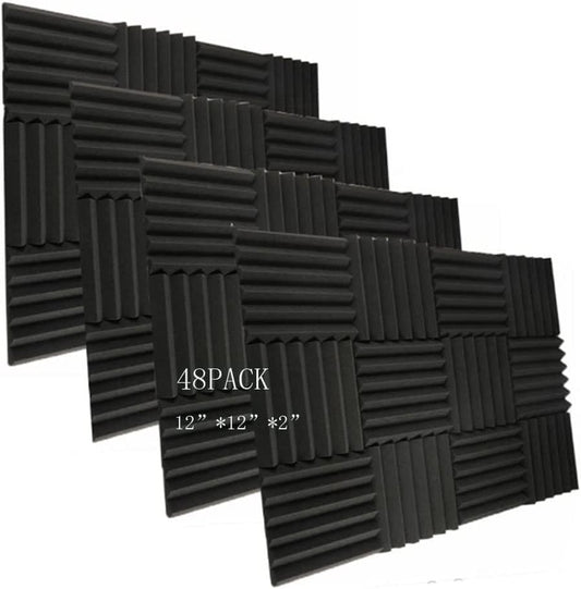 HWLIYUTAI 48Pack Black&Green Acoustic Foam Panels 2" X 12" X 12" Soundproofing Studio Foam Wedge Tiles Fireproof - Top Quality - Ideal for Home & Studio Sound Insulation (48Pack, Black&Green).