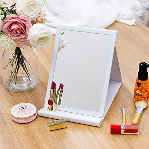 Notmise Makeup Mirror with Led Lights Foldable Vanity Mirror for Travel Tabletop Desk, Portable USB Rechargeable, 3 Color Lighting, Dimmable Touch Screen, White.