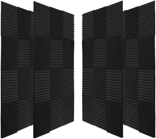 Soundproof Foam Panels Square – Professional 12x12x1 Inch Acoustic Tiles | Wall Noise Canceling Dampening Absorbing Barrier Padding Pads | Studio Ceiling Bedroom, Flameproof Non-Stick (96 Pack Black).