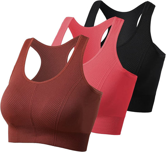 Tank Top Crop Workout Bra for Women Trendy 3 Pack Sports Bra High Support Cropped Strap Full Coverage Racerback Built-in Bras.