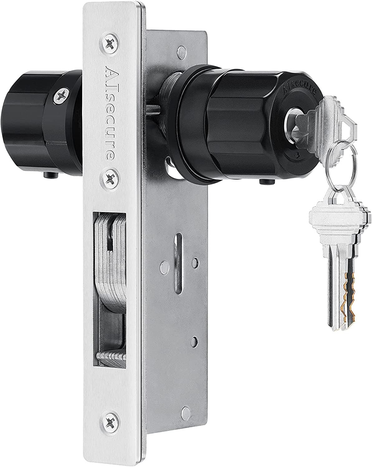 AIsecure Twist-to-Lock Storefront Door Lock Keyless with an Inaccessible Bypass Tool Open Commercial Door Lock Aluminum Mortise Lock with an Anti-Mislock Button,Black,Hookbolt,Backset 1.1/8"(29mm).