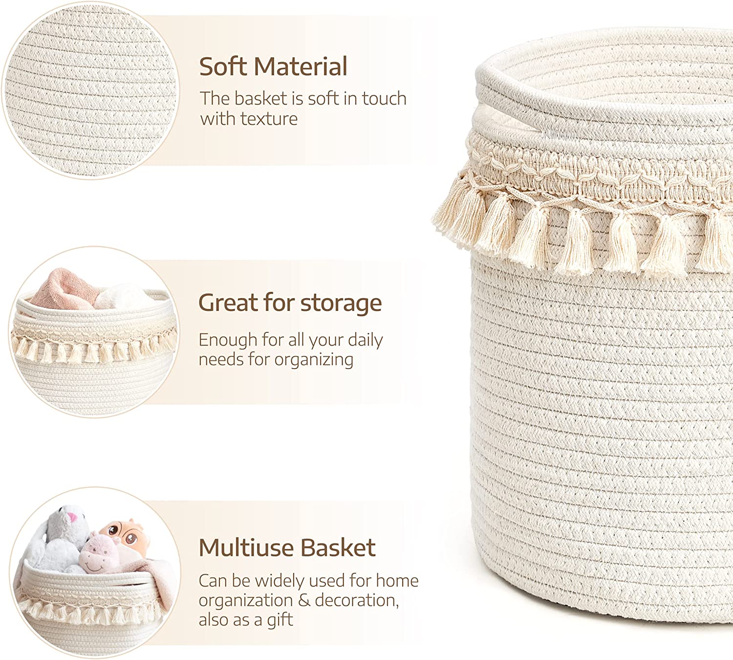 Mkono Macrame Decorative Cotton Rope Basket Boho Cute sold Woven Tassel Closet